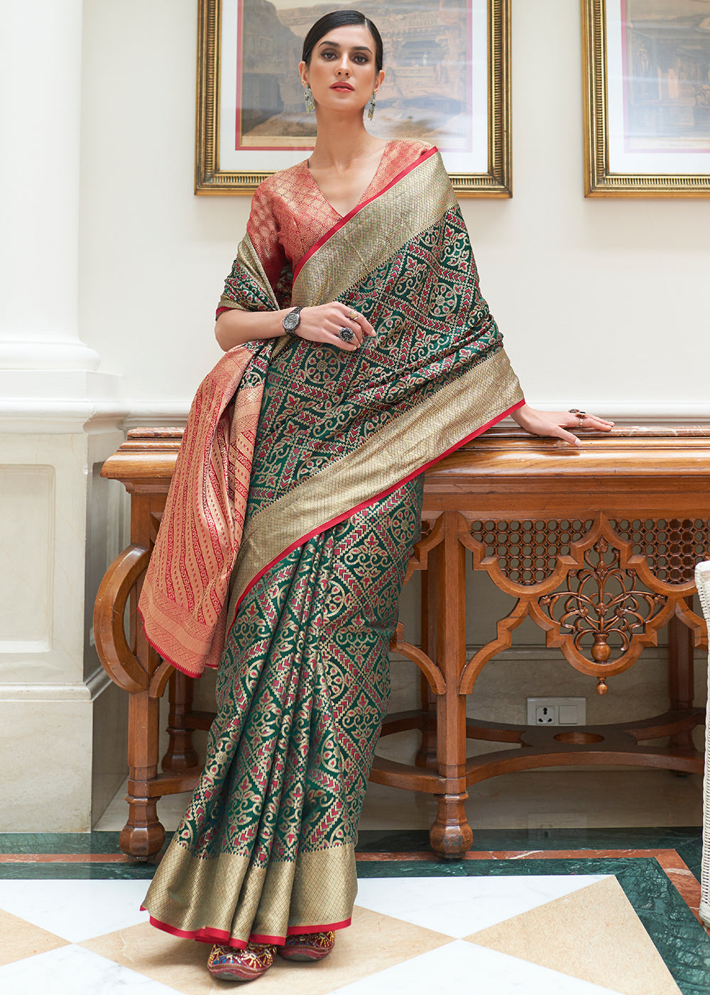 Dark Green Zari Woven Patola Silk Saree
