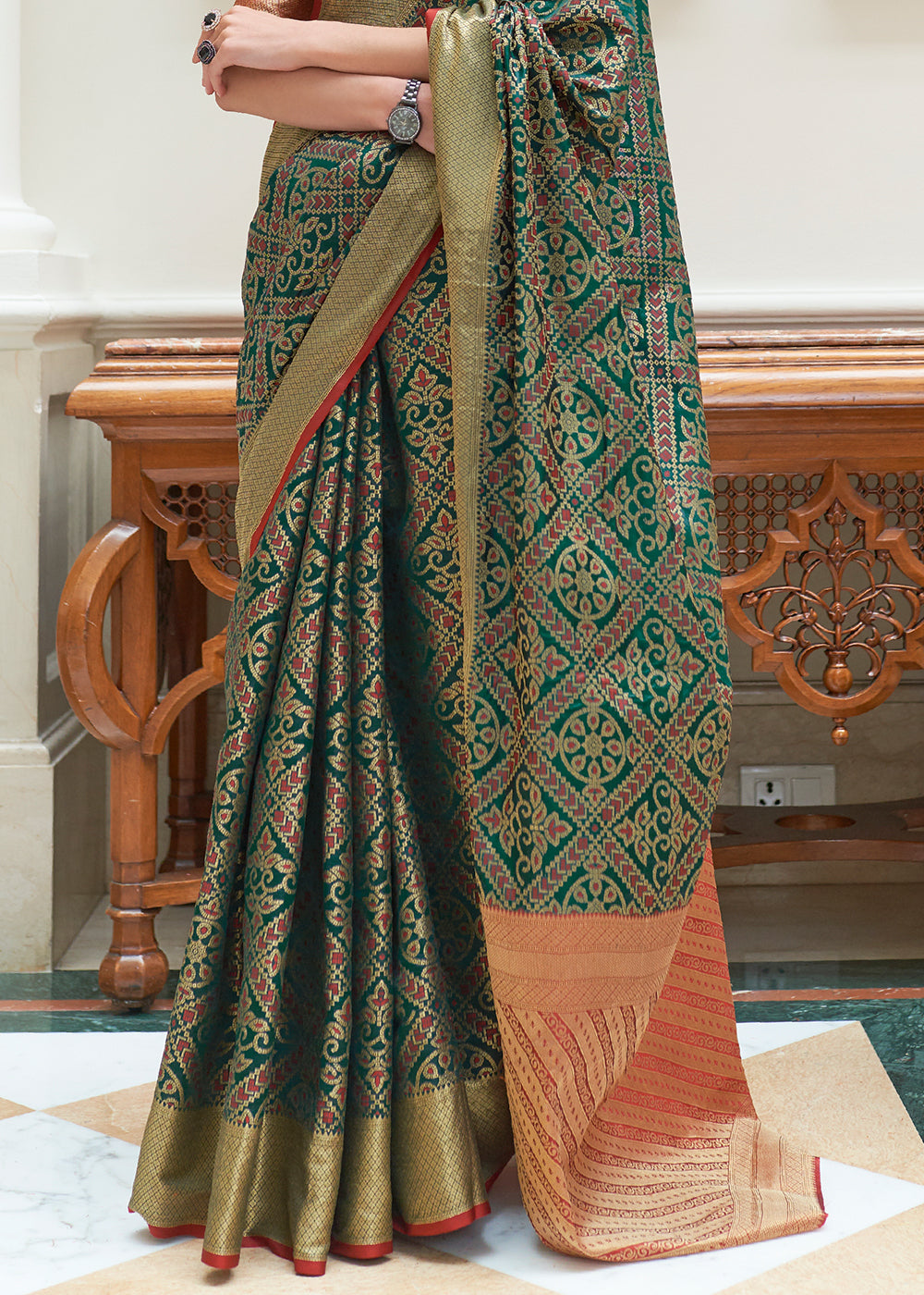 Dark Green Zari Woven Patola Silk Saree