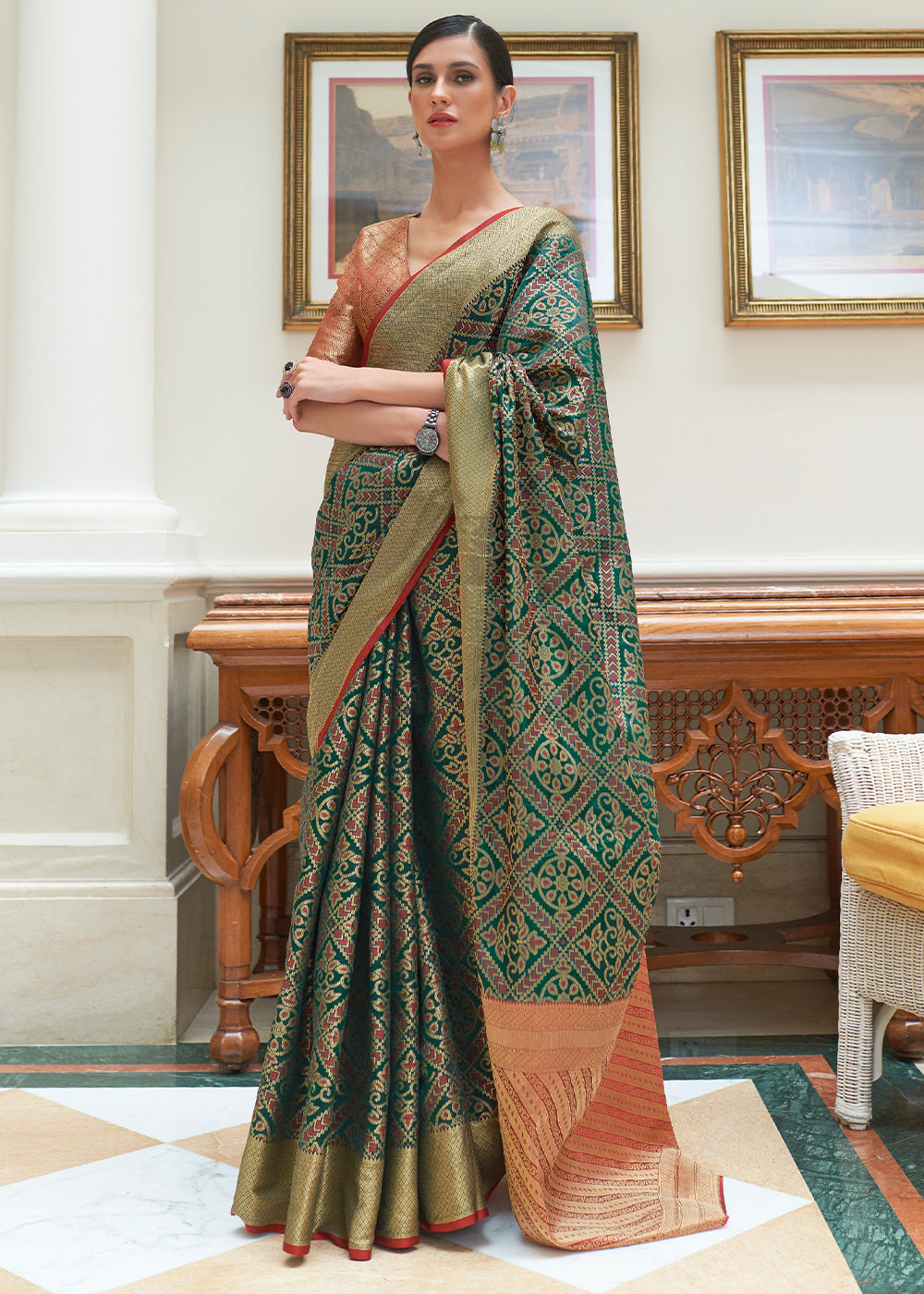 Dark Green Zari Woven Patola Silk Saree