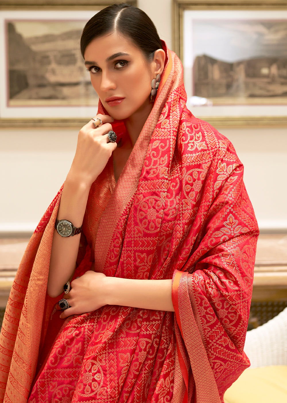 Candy Red Zari Woven Patola Silk Saree