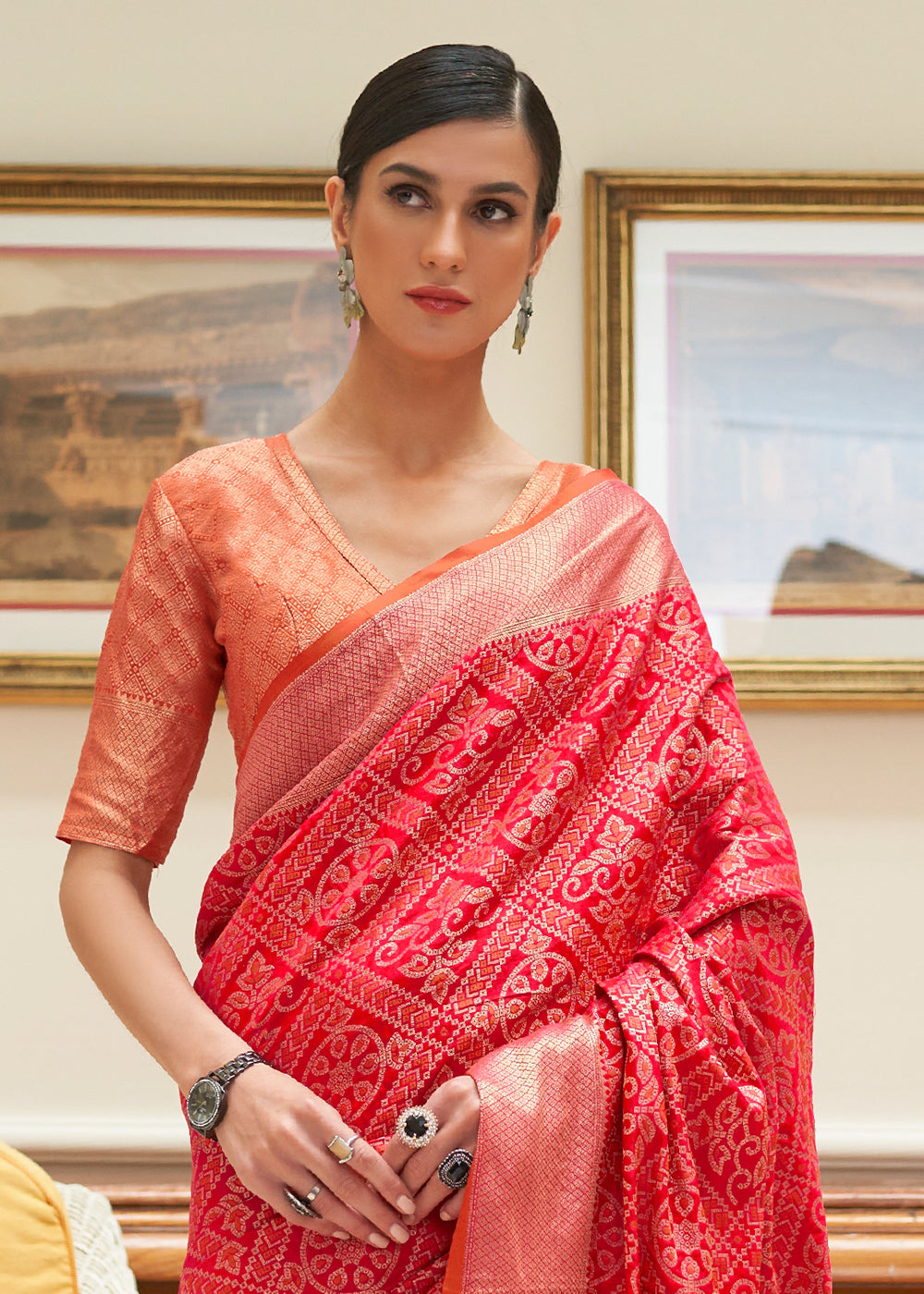 Candy Red Zari Woven Patola Silk Saree