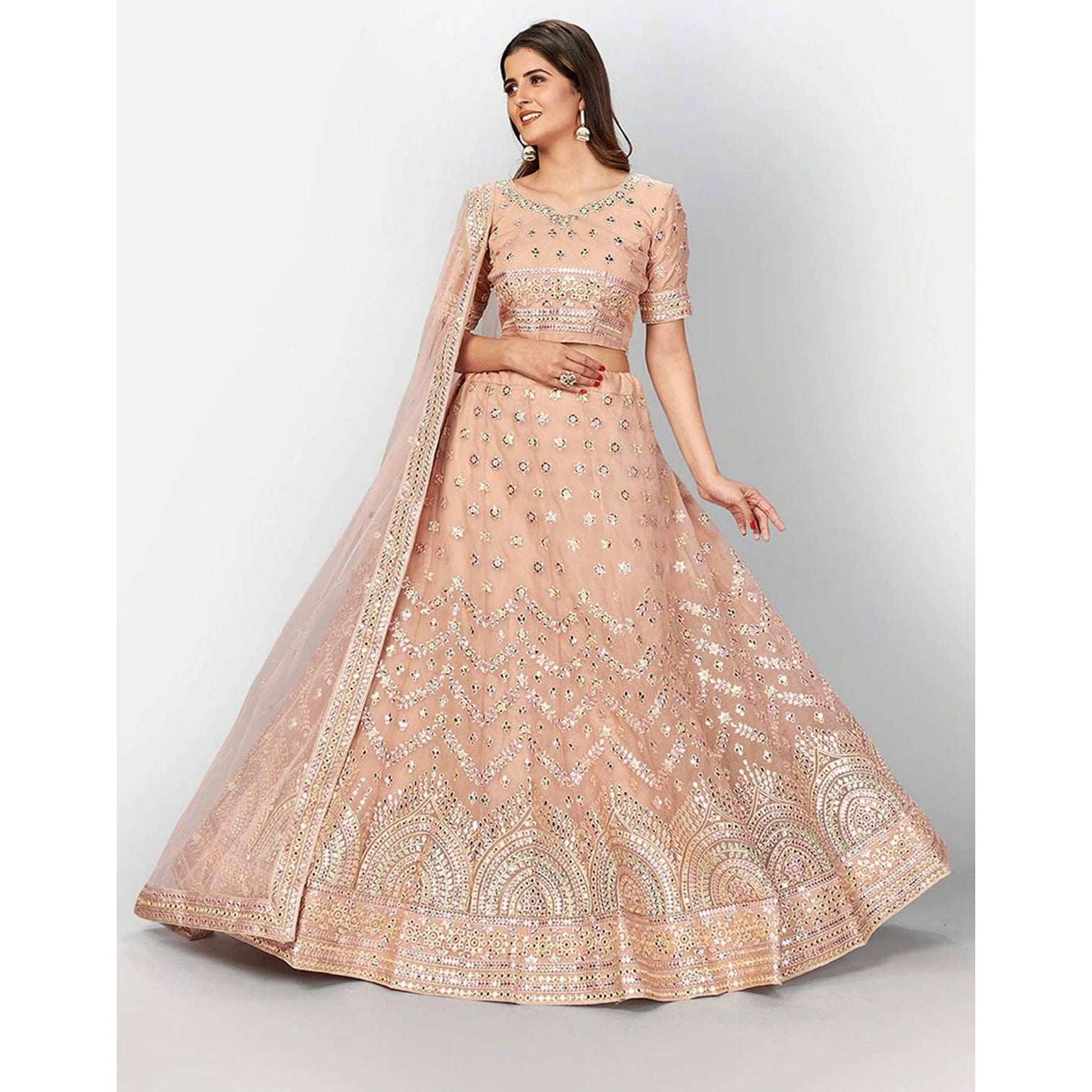 Peach Thread and Foil Mirror Cutwork Lehenga choli