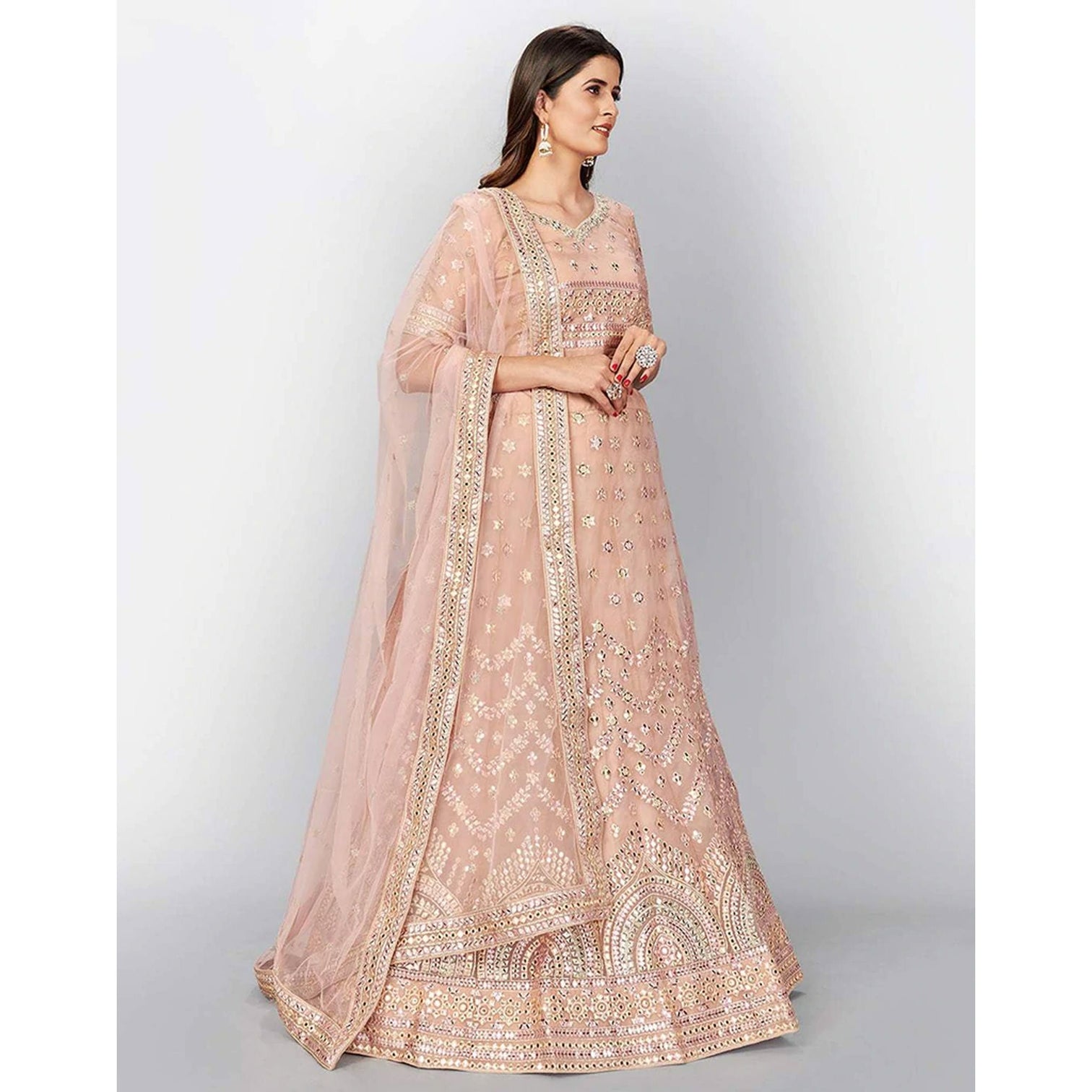 Peach Thread and Foil Mirror Cutwork Lehenga choli
