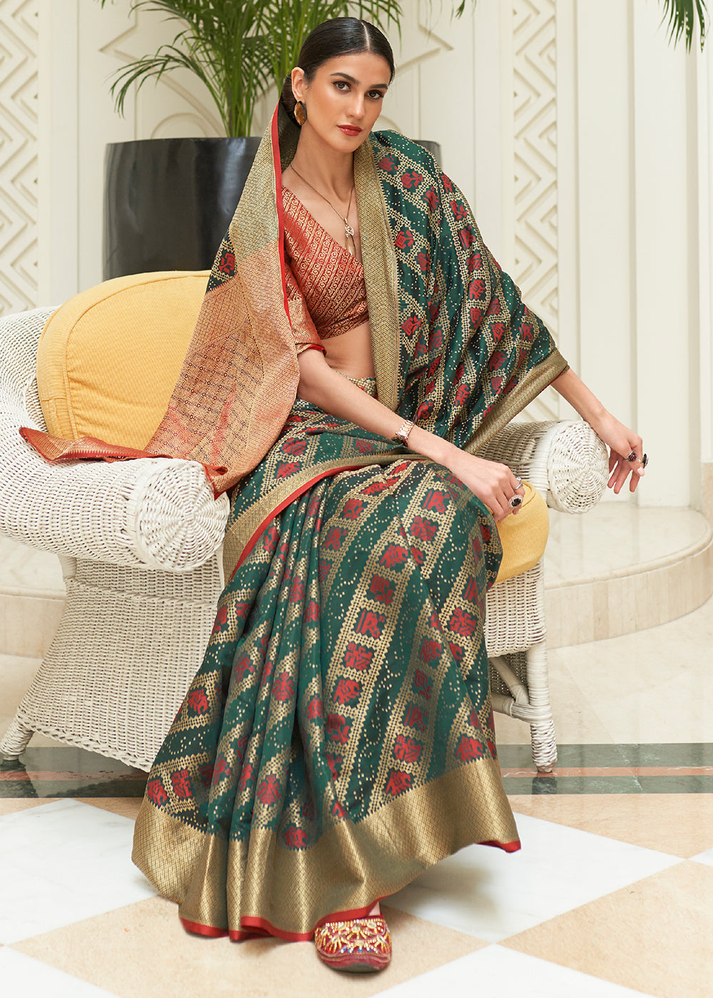 Green & Red Zari Woven Patola Silk Saree