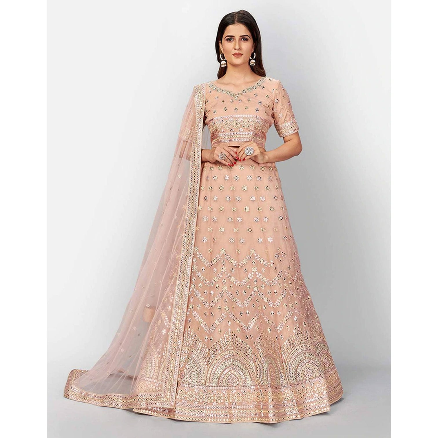 Peach Thread and Foil Mirror Cutwork Lehenga choli