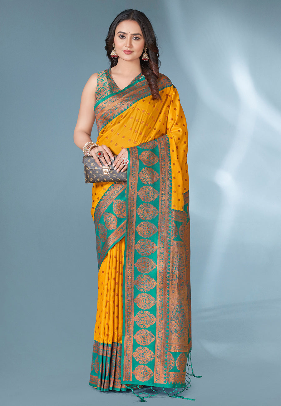 Yellow polka paithani silk contrast zari woven saree with unstitched blouse