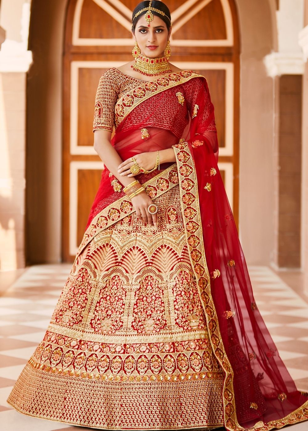 Crimson Red Velvet Bridal Lehenga Choli with Embroidery & Hand work