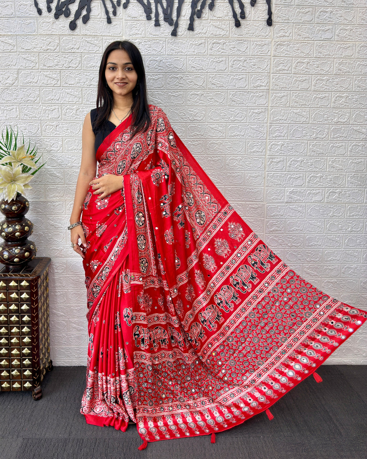 Rust red modal silk saree with elephant motif ajrakh print designer pallu traditional ethnic festive wear saree mameraa