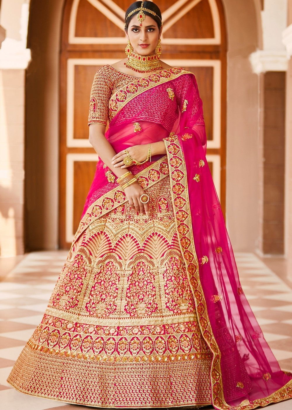 Rose Pink Velvet Bridal Lehenga Choli with Embroidery & Hand work