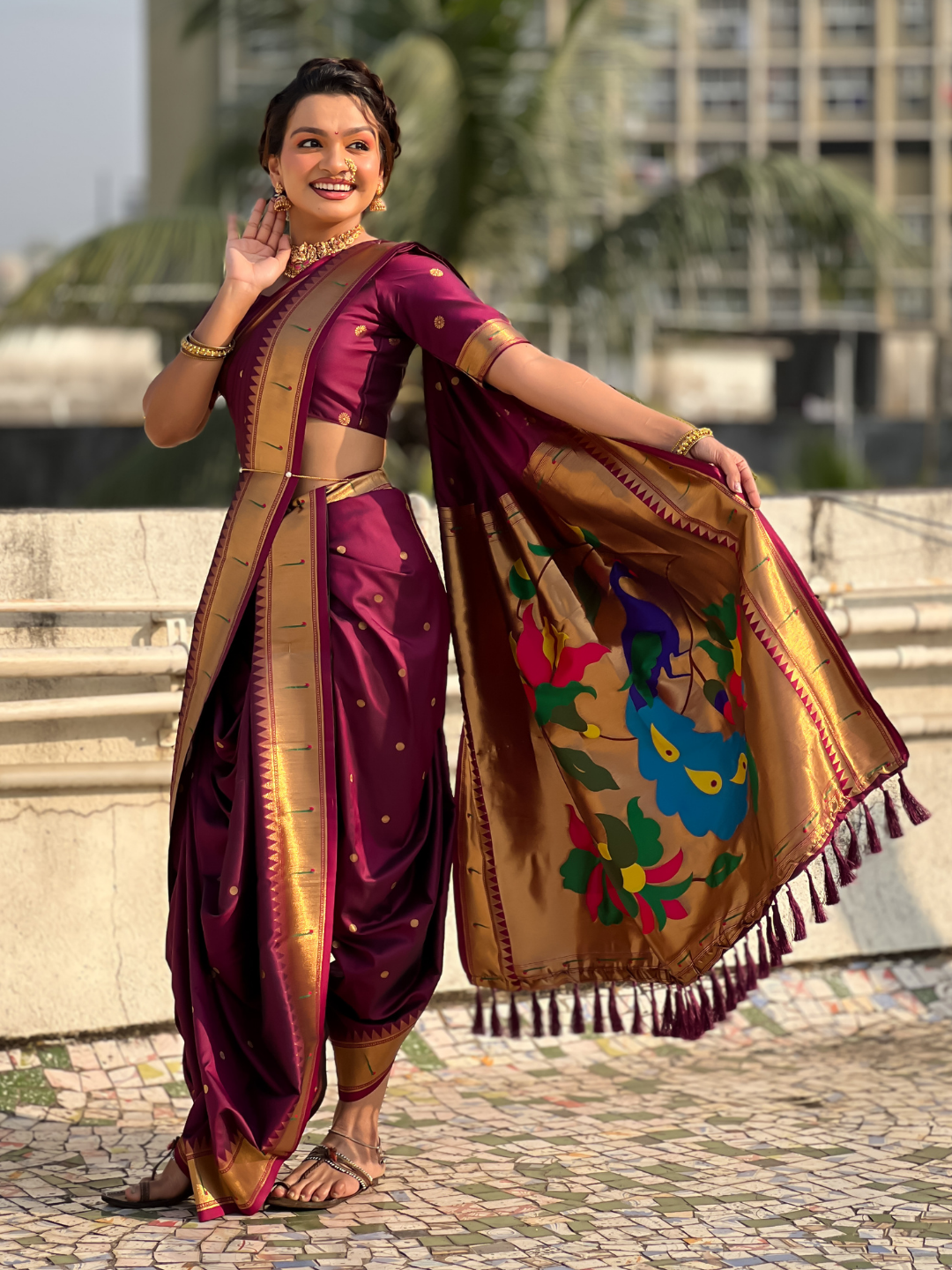 Wine wedding special nauvari paithani soft silk saree with zari woven polka motifs and peacock pallu