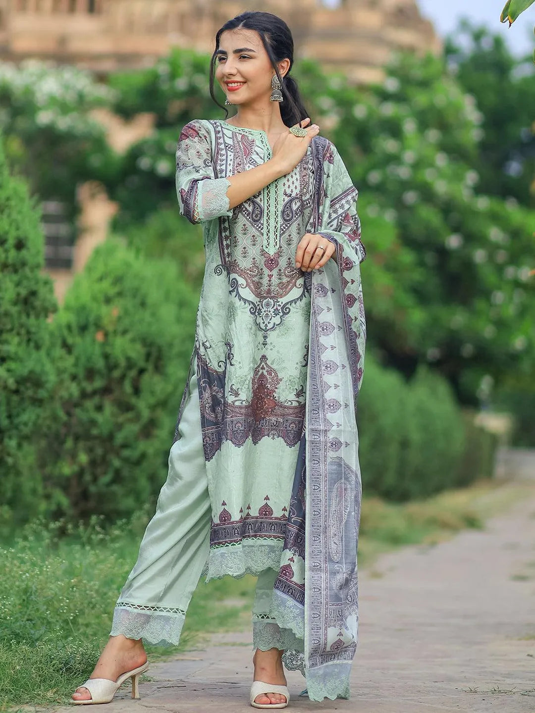 Mameraa Green Printed Silk Blend Pakistani Suit