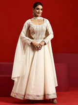 Libas Art Off White Embroidered Cotton Anarkali Suit With Dupatta