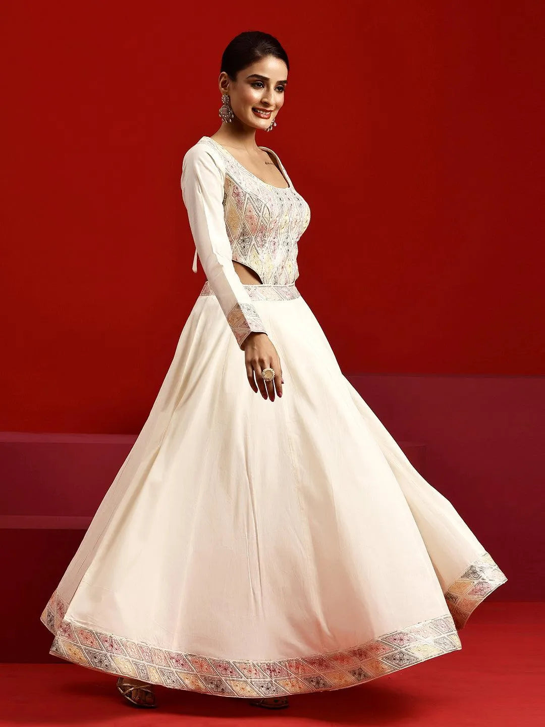 Libas Art Off White Embroidered Cotton Anarkali Suit With Dupatta