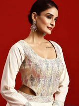 Libas Art Off White Embroidered Cotton Anarkali Suit With Dupatta