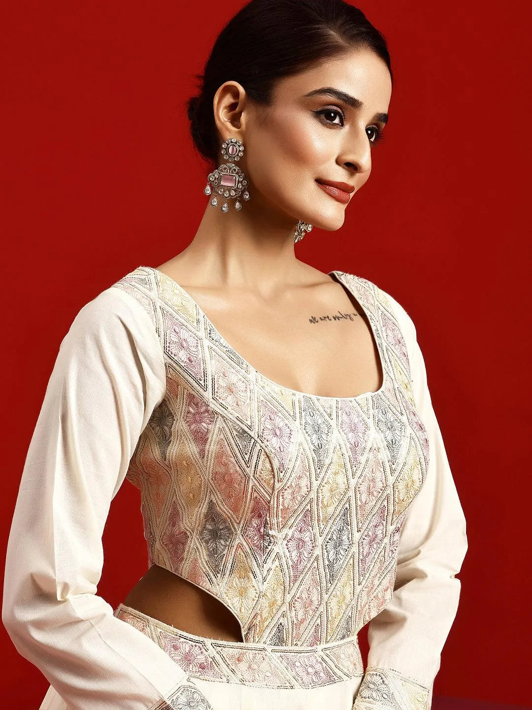 Libas Art Off White Embroidered Cotton Anarkali Suit With Dupatta