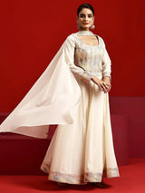 Libas Art Off White Embroidered Cotton Anarkali Suit With Dupatta
