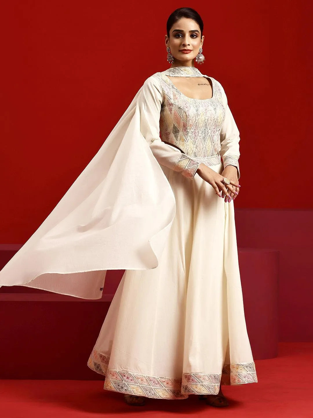 Libas Art Off White Embroidered Cotton Anarkali Suit With Dupatta