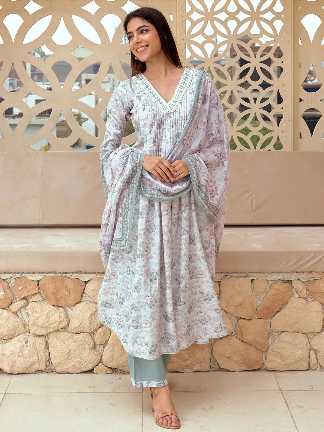Mameraa Off White Printed Cotton Blend A-Line Kurta With Palazzos & Dupatta