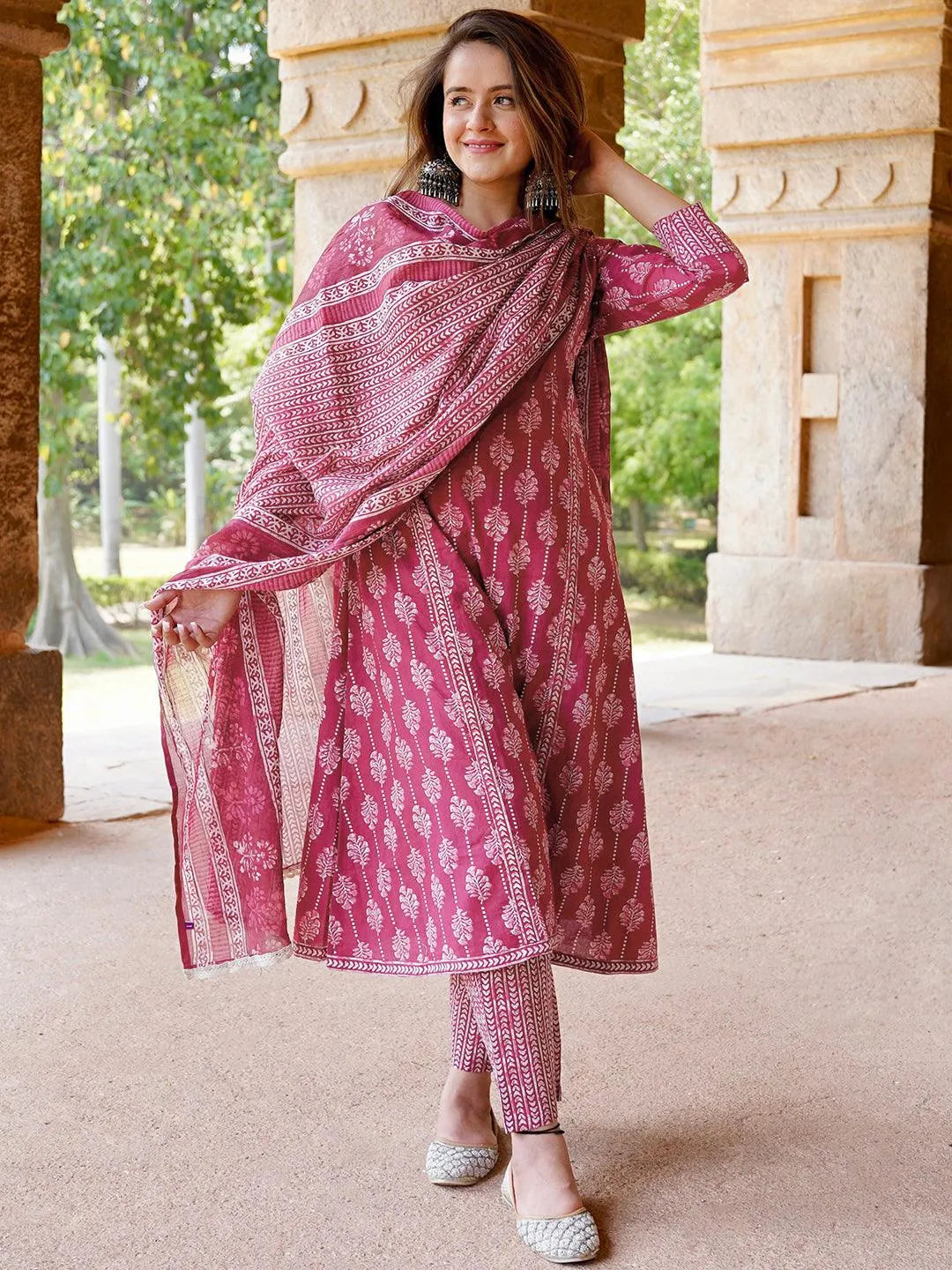 Mameraa Burgundy Printed Cotton A-Line Kurta With Palazzos & Dupatta