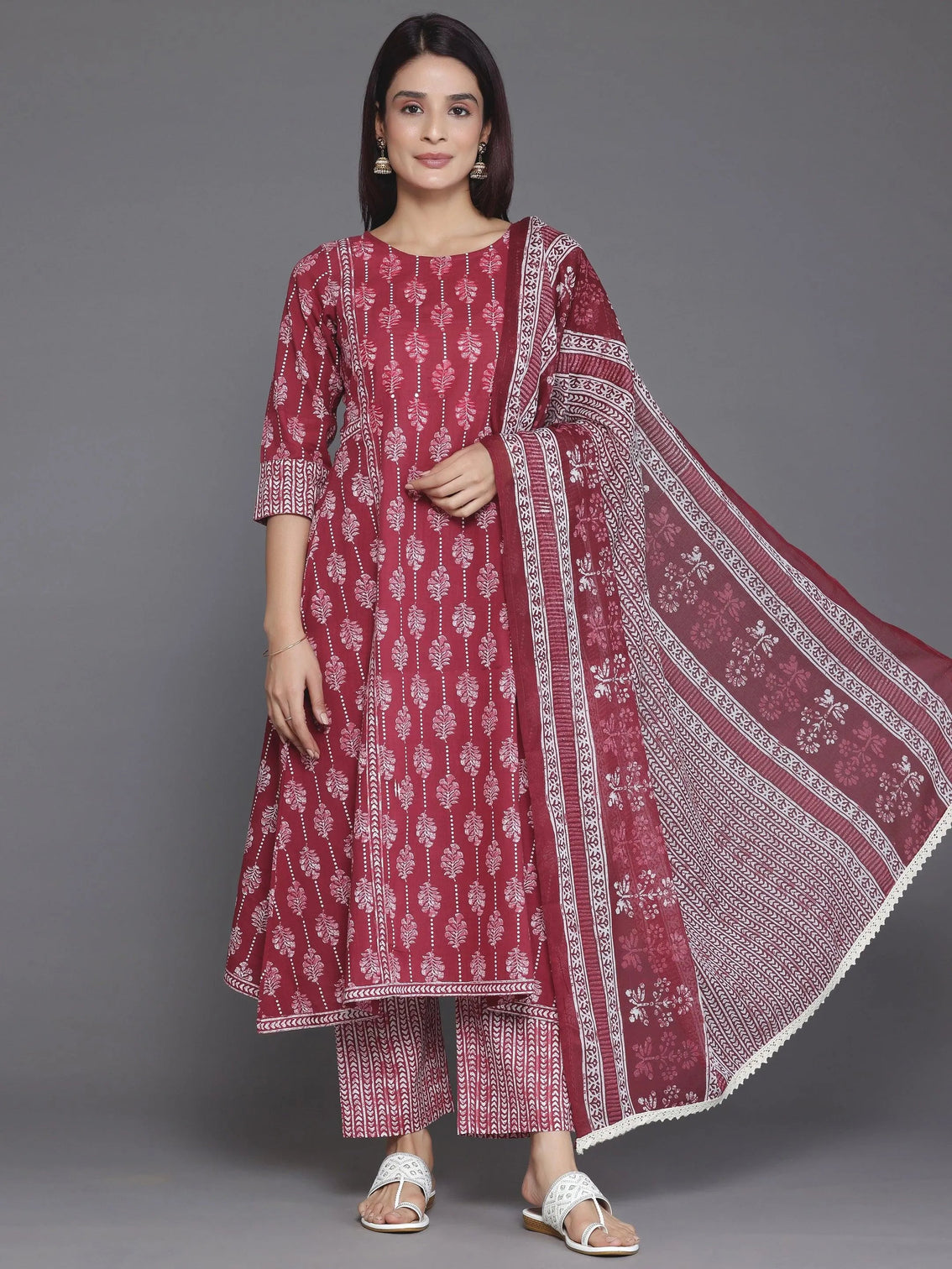 Mameraa Burgundy Printed Cotton A-Line Kurta With Palazzos & Dupatta