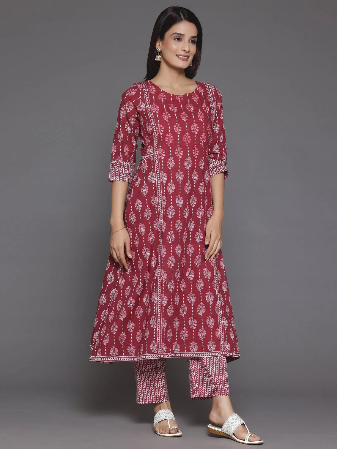 Mameraa Burgundy Printed Cotton A-Line Kurta With Palazzos & Dupatta