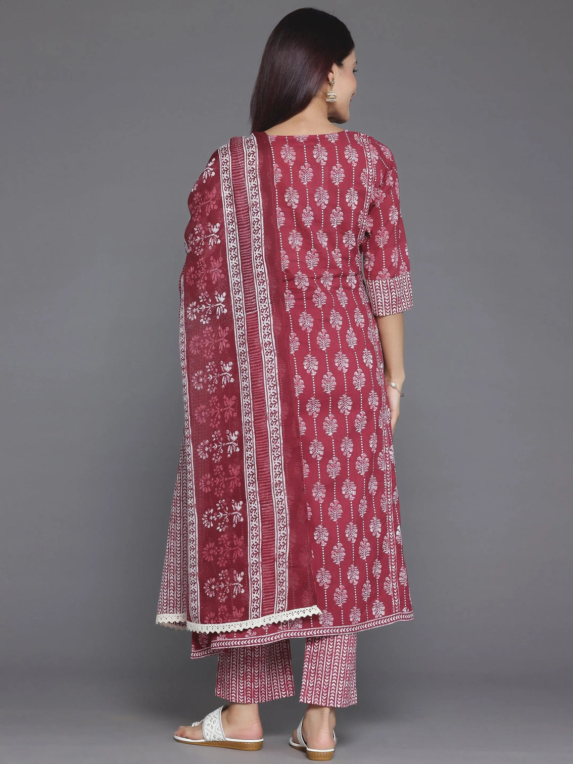 Mameraa Burgundy Printed Cotton A-Line Kurta With Palazzos & Dupatta