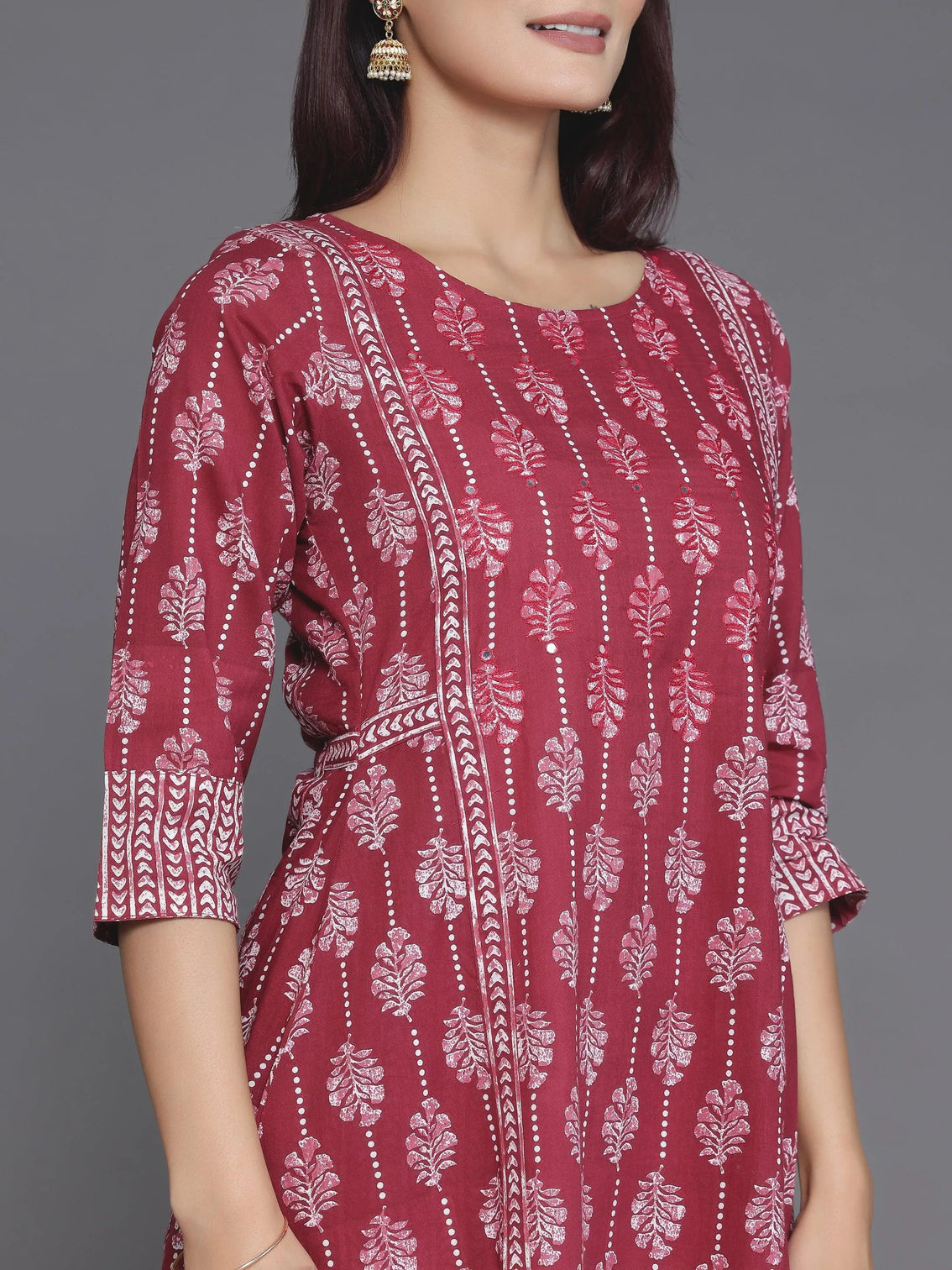 Mameraa Burgundy Printed Cotton A-Line Kurta With Palazzos & Dupatta
