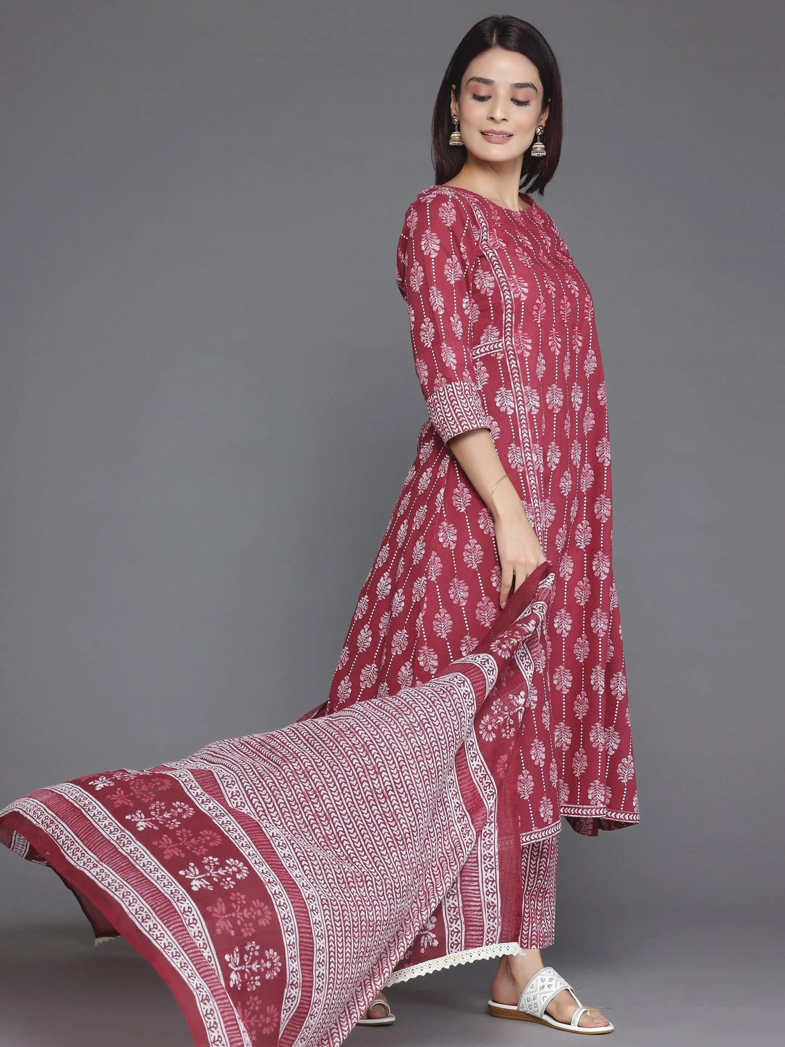 Mameraa Burgundy Printed Cotton A-Line Kurta With Palazzos & Dupatta