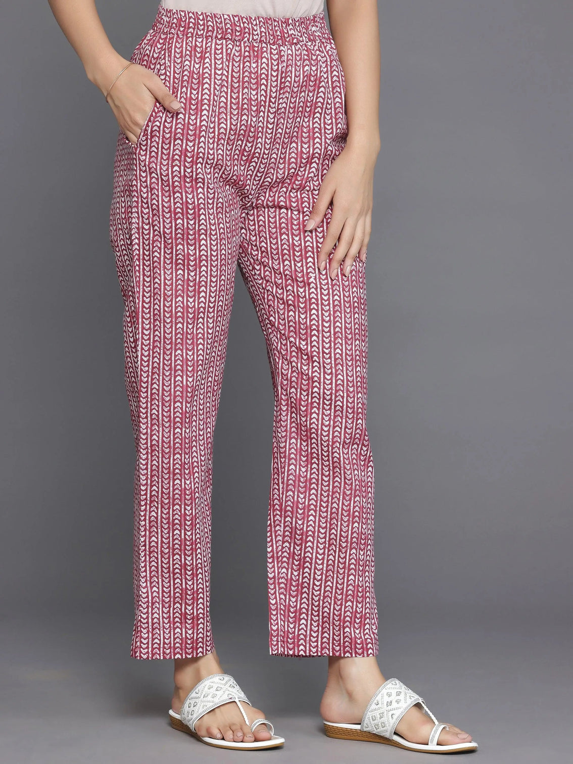 Mameraa Burgundy Printed Cotton A-Line Kurta With Palazzos & Dupatta