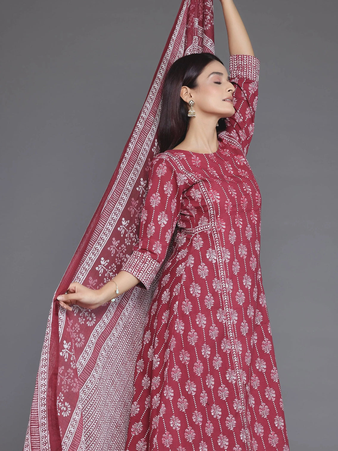 Mameraa Burgundy Printed Cotton A-Line Kurta With Palazzos & Dupatta