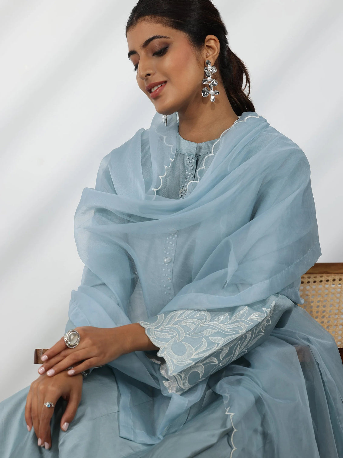 Mameraa Blue Solid Silk Blend Straight Suit With Dupatta
