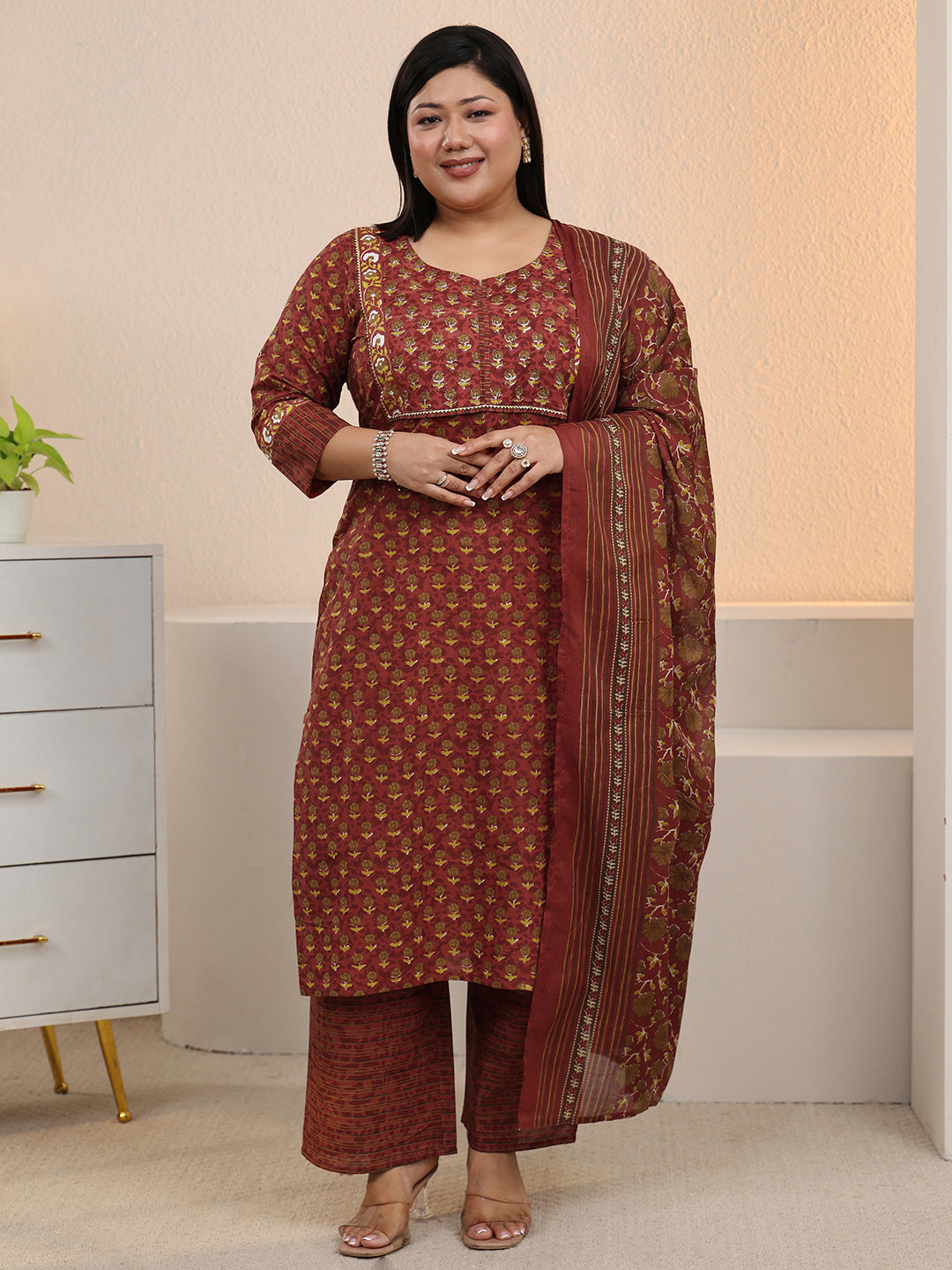 Plus Size Rust Printed Cotton Straight Suit With Dupatta
