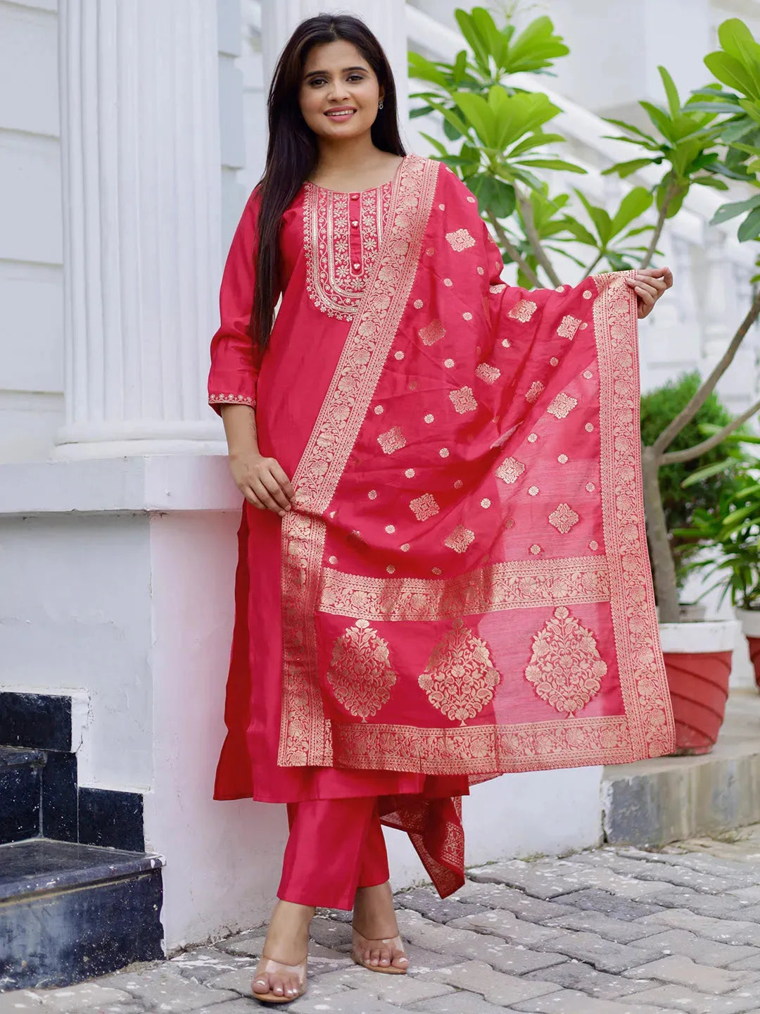Mameraa Pink Yoke Design Silk Blend Straight Suit With Dupatta