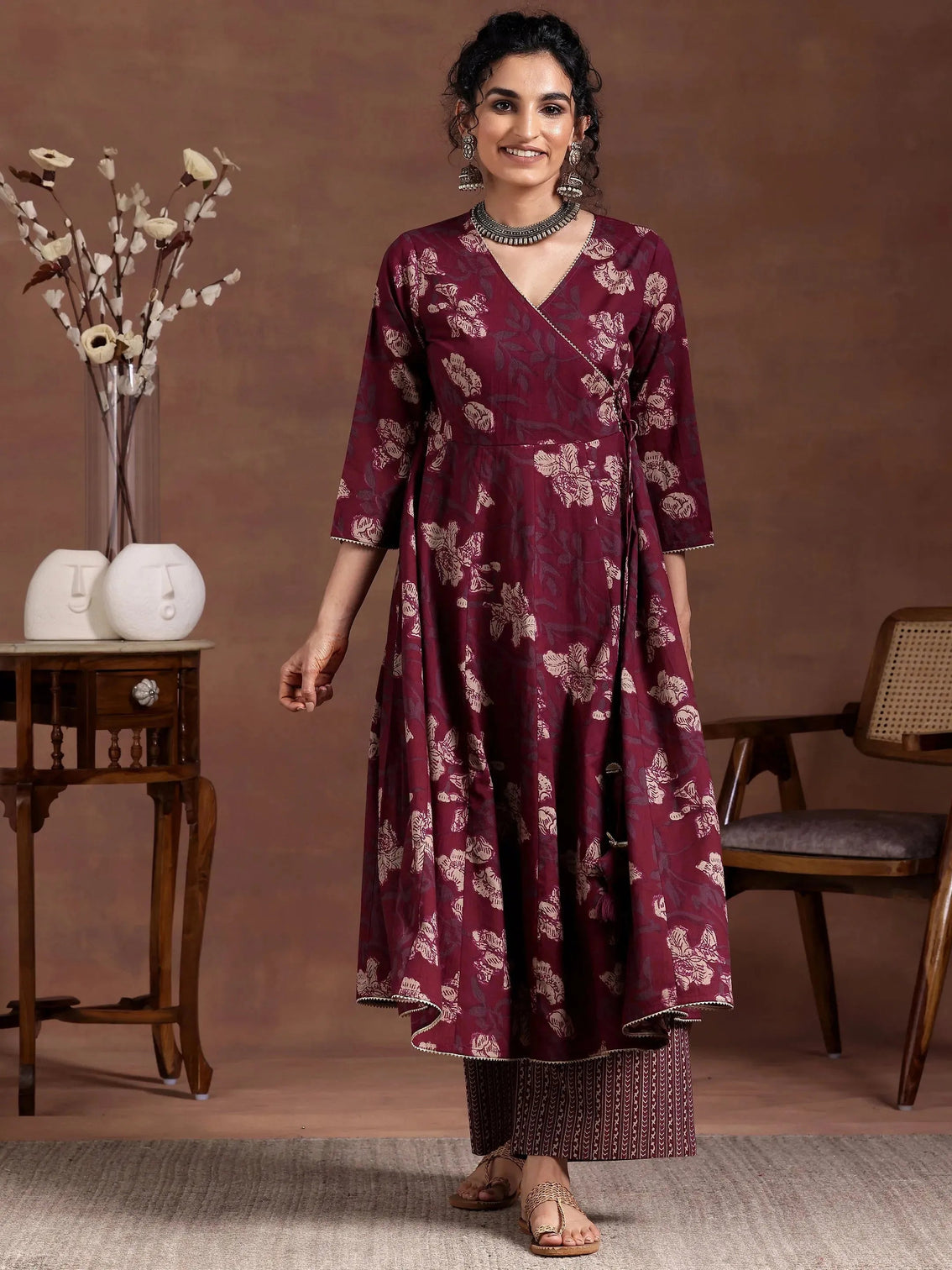 Mameraa Maroon Printed Cotton A-Line Kurta With Trousers