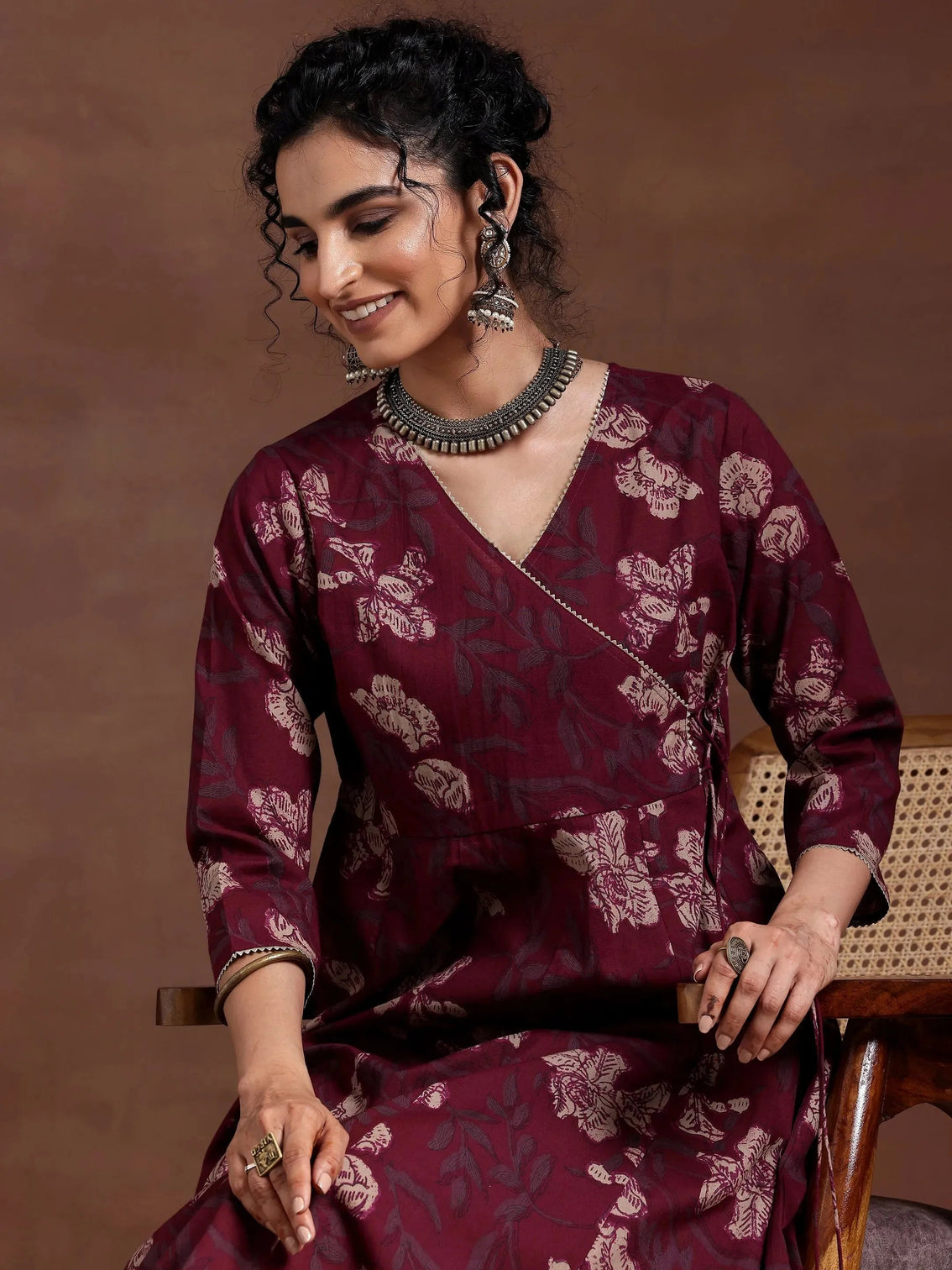 Mameraa Maroon Printed Cotton A-Line Kurta With Trousers