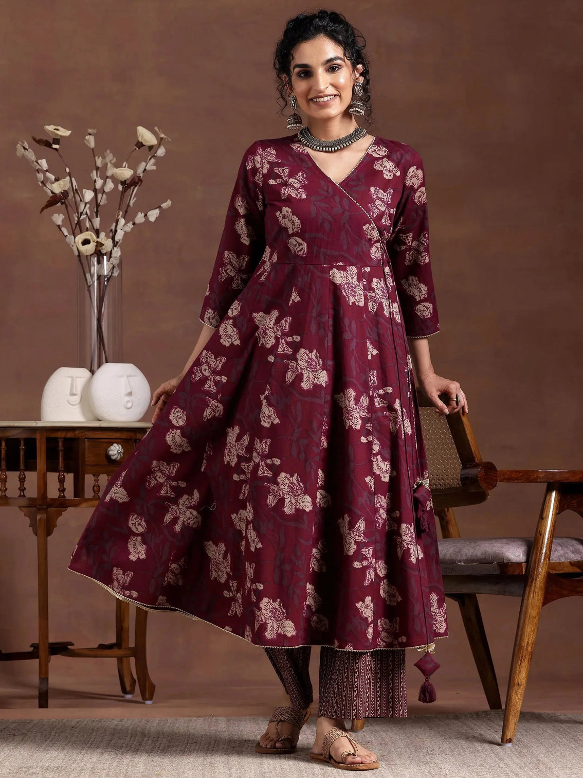 Mameraa Maroon Printed Cotton A-Line Kurta With Trousers