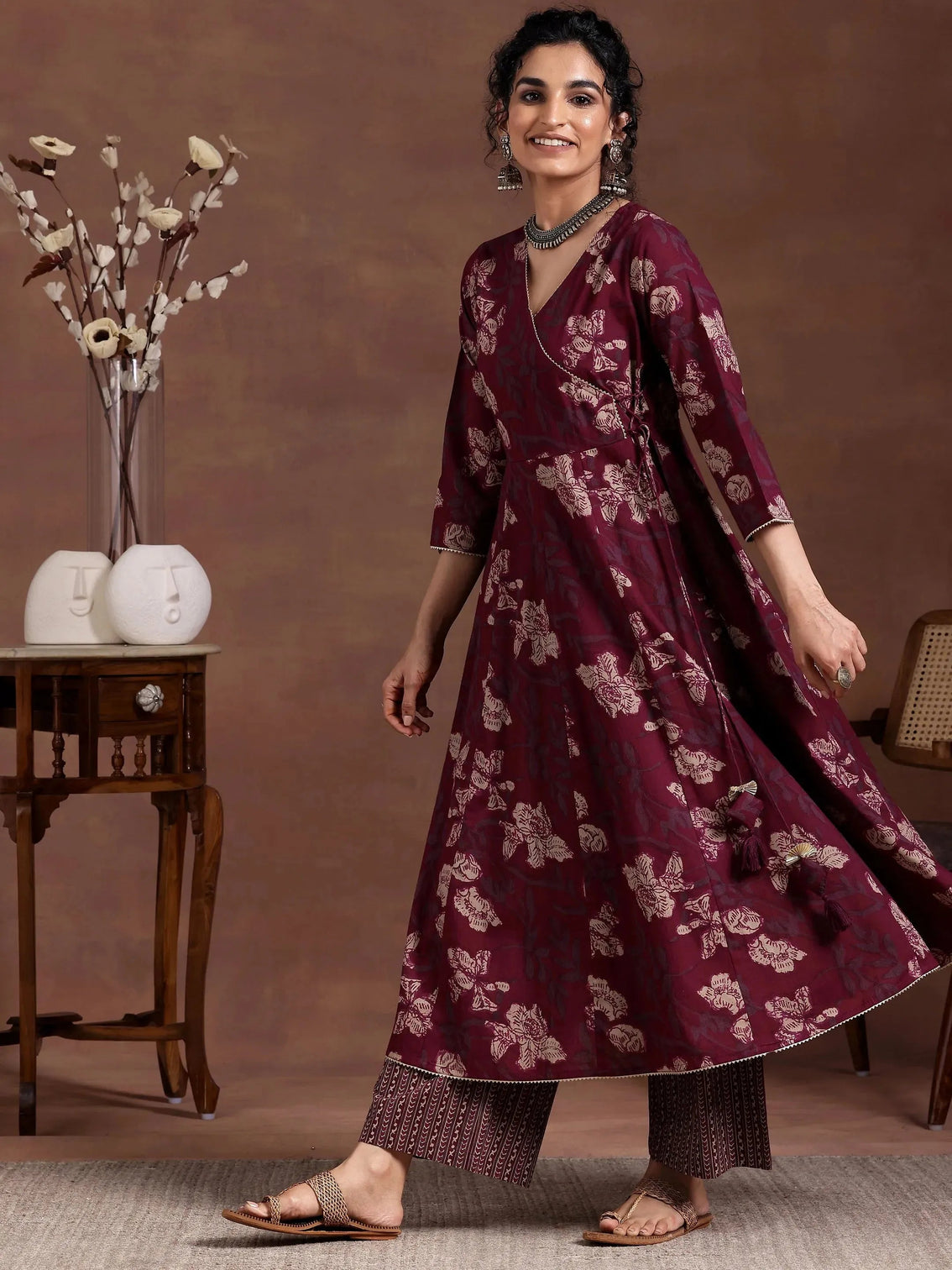 Mameraa Maroon Printed Cotton A-Line Kurta With Trousers