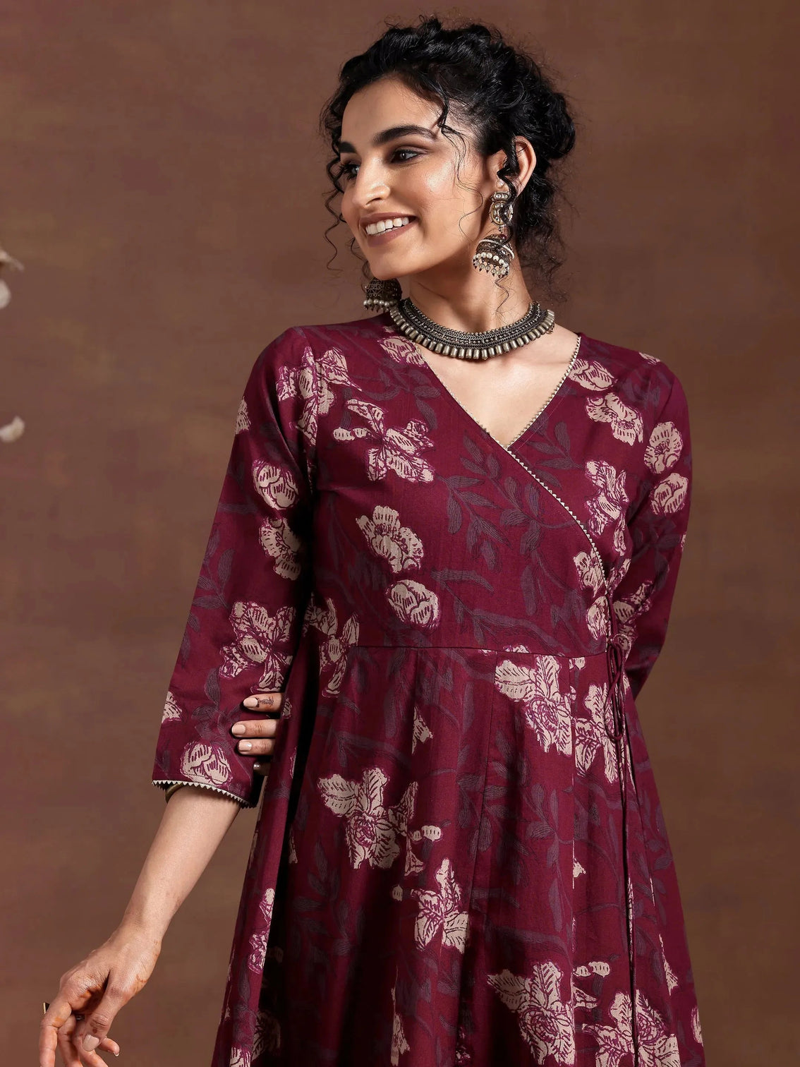 Mameraa Maroon Printed Cotton A-Line Kurta With Trousers