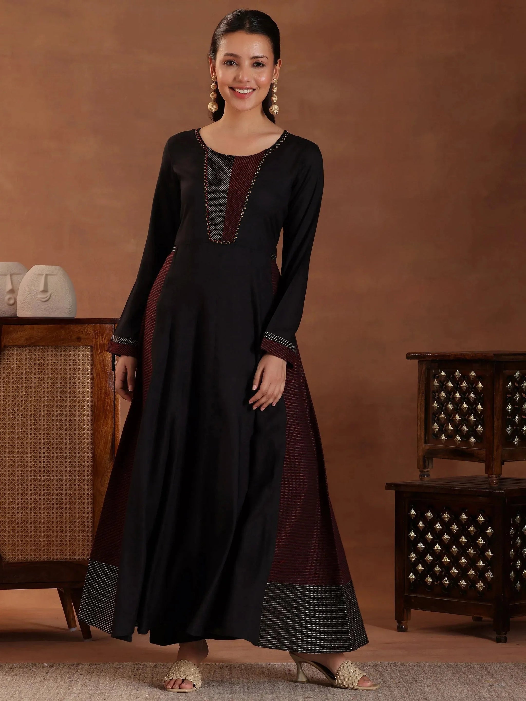 Libas Black Self Design Cotton A-Line Kurta With Trousers