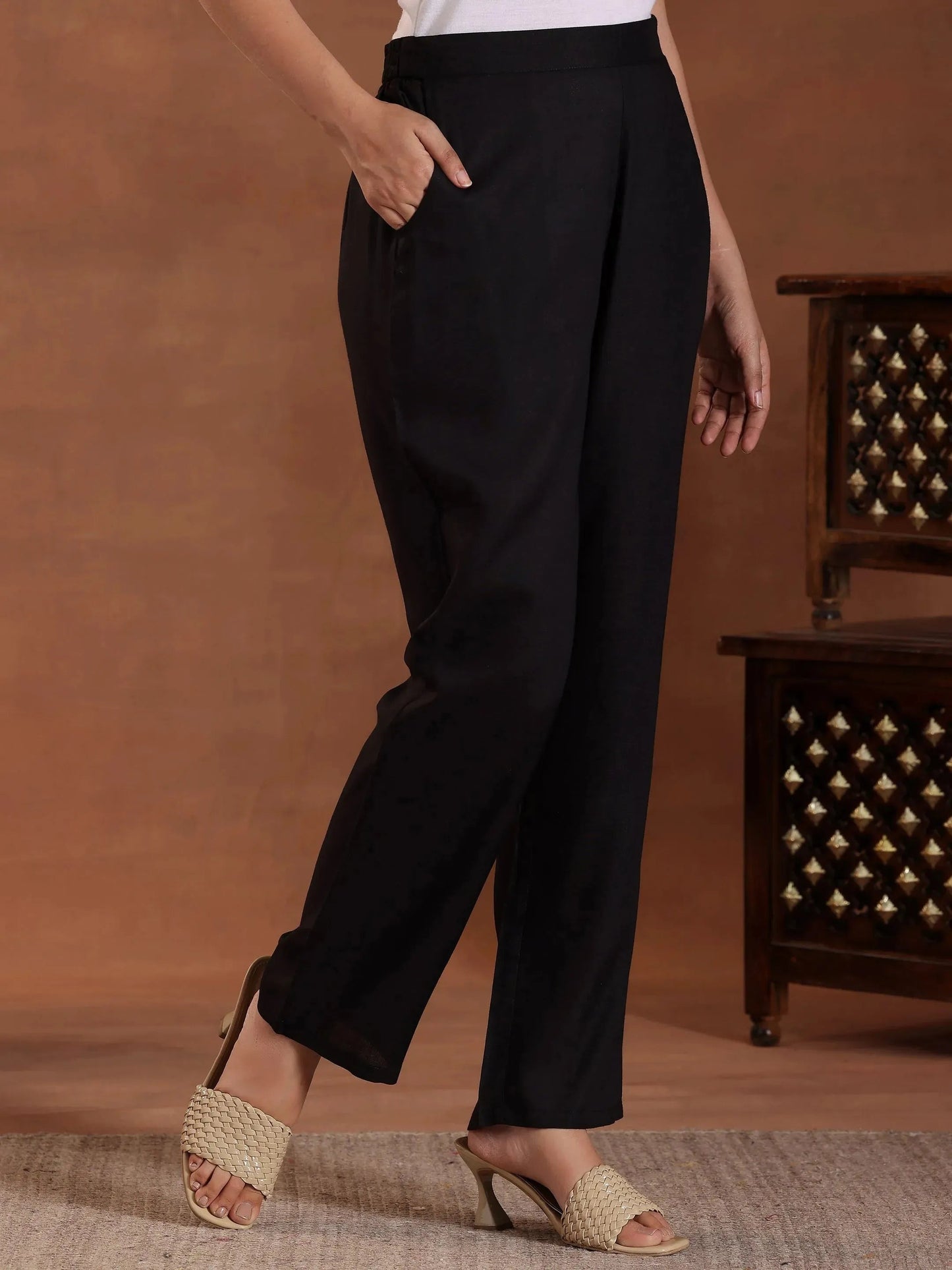Libas Black Self Design Cotton A-Line Kurta With Trousers