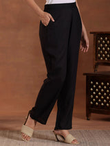 Libas Black Self Design Cotton A-Line Kurta With Trousers