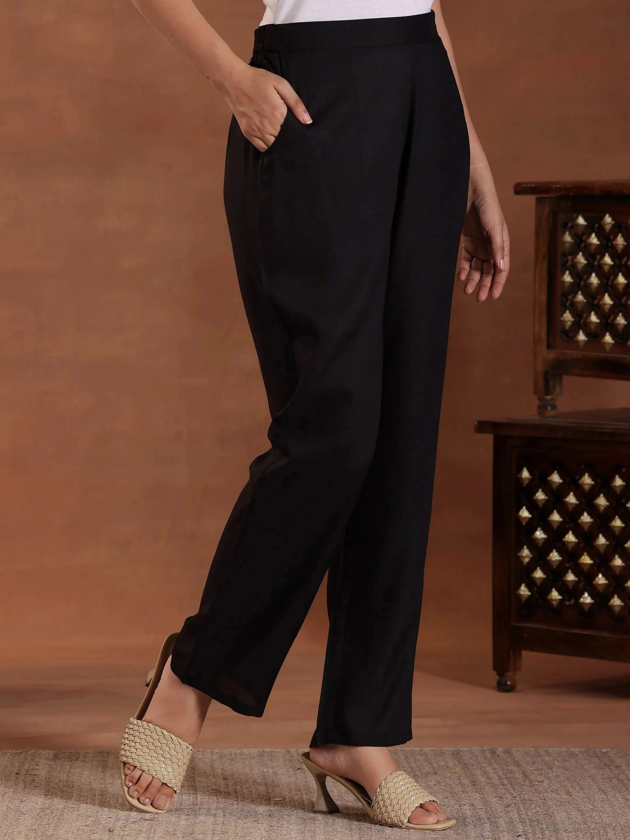 Libas Black Self Design Cotton A-Line Kurta With Trousers