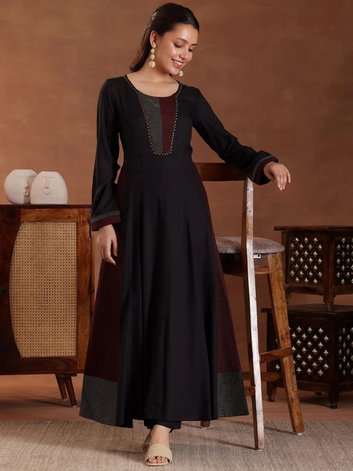 Libas Black Self Design Cotton A-Line Kurta With Trousers