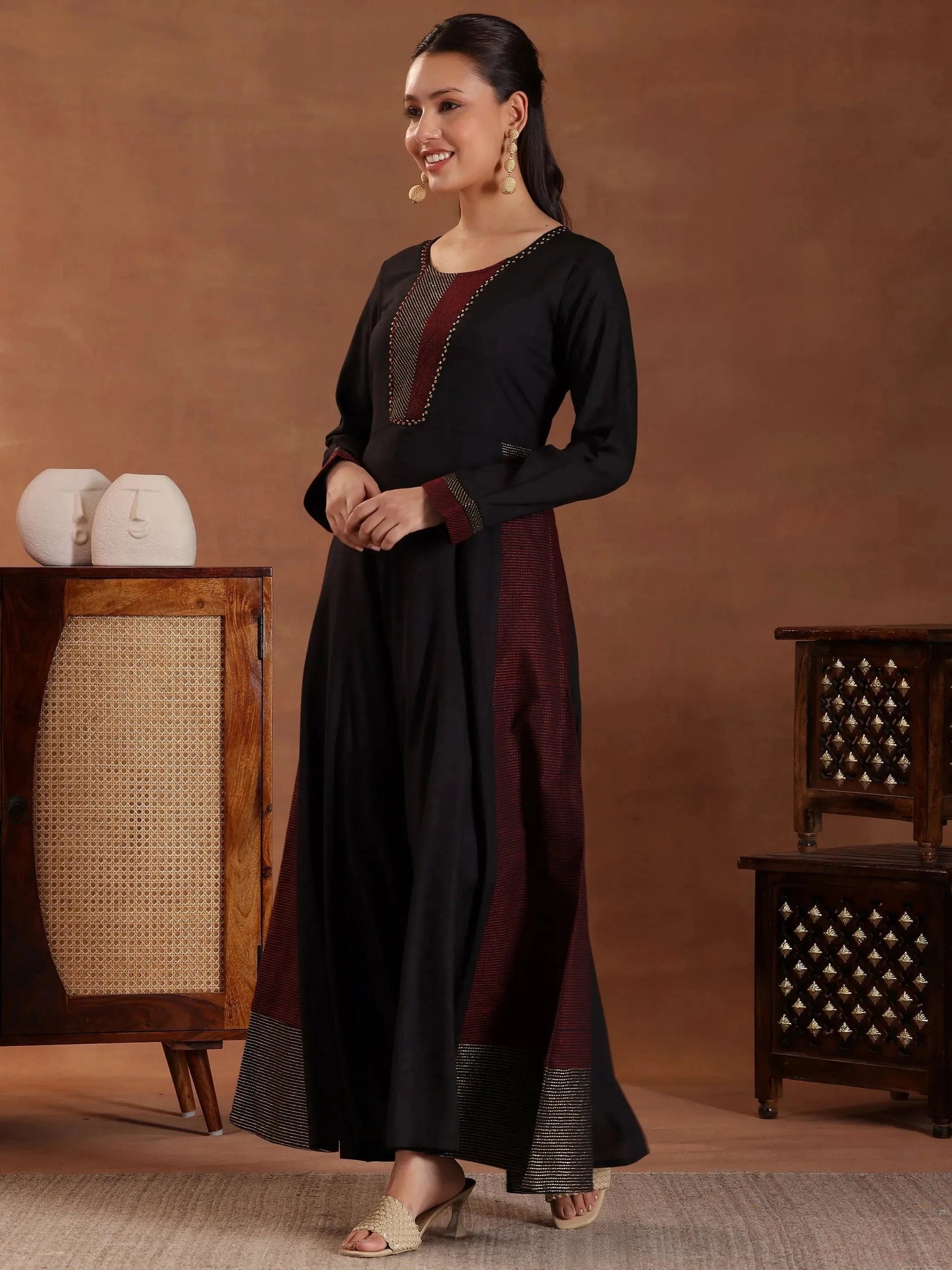 Libas Black Self Design Cotton A-Line Kurta With Trousers