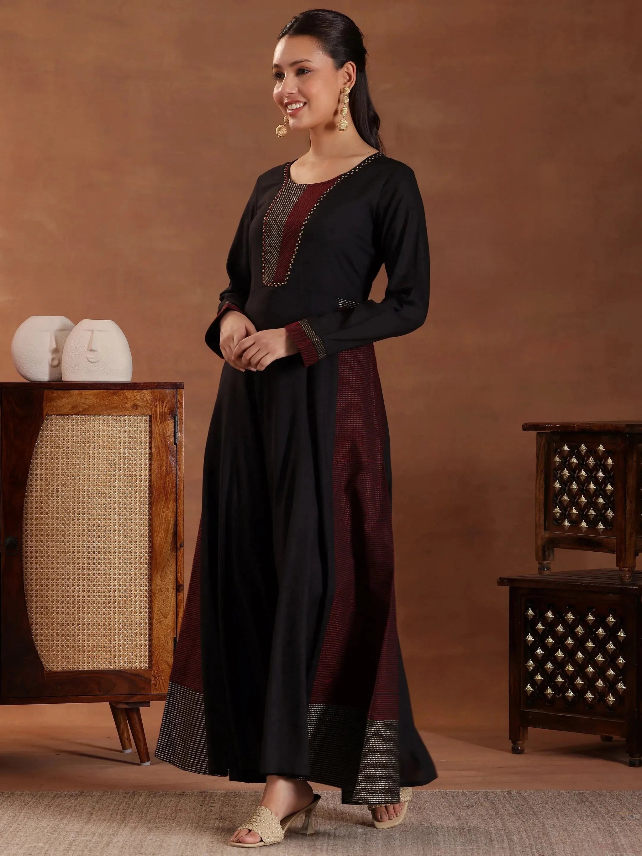 Libas Black Self Design Cotton A-Line Kurta With Trousers