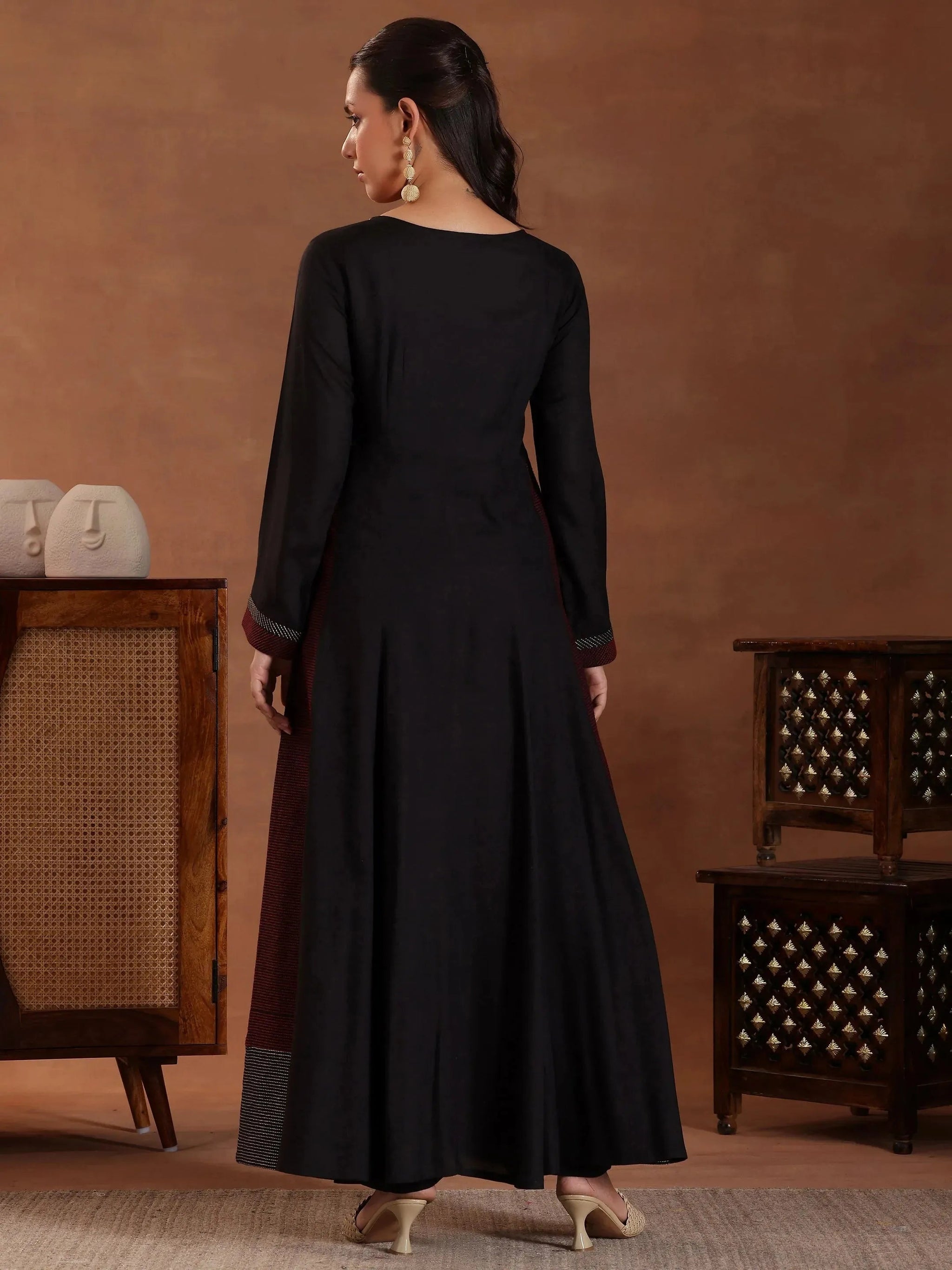 Libas Black Self Design Cotton A-Line Kurta With Trousers