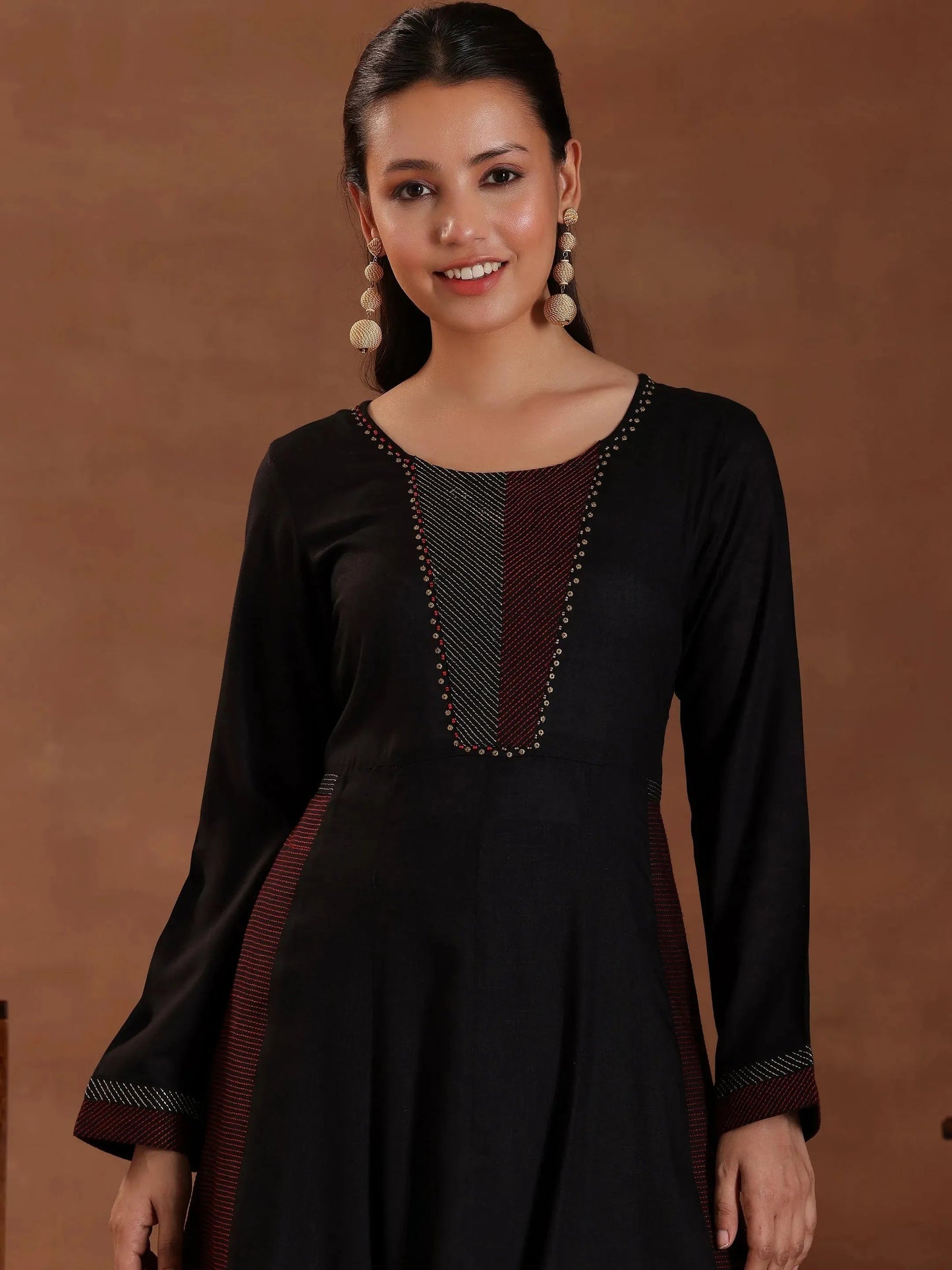 Libas Black Self Design Cotton A-Line Kurta With Trousers