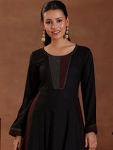 Libas Black Self Design Cotton A-Line Kurta With Trousers