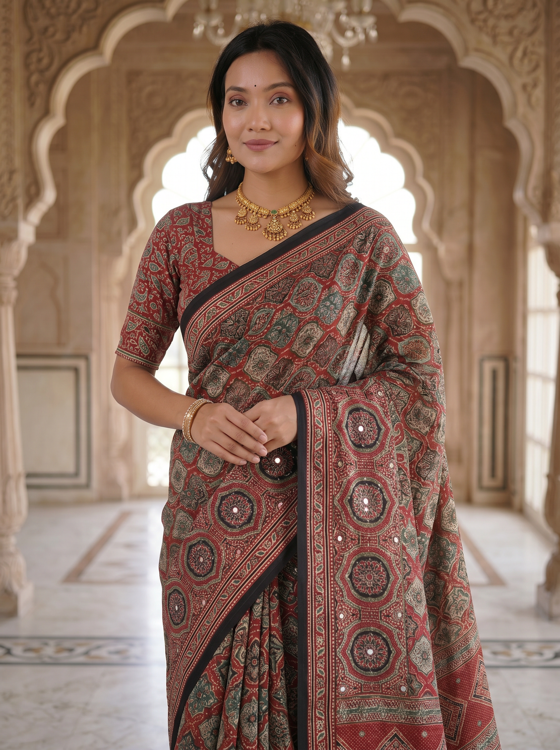 Vintage rose pure modal silk saree with intricate heritage mandala print designer ethnic pallu
