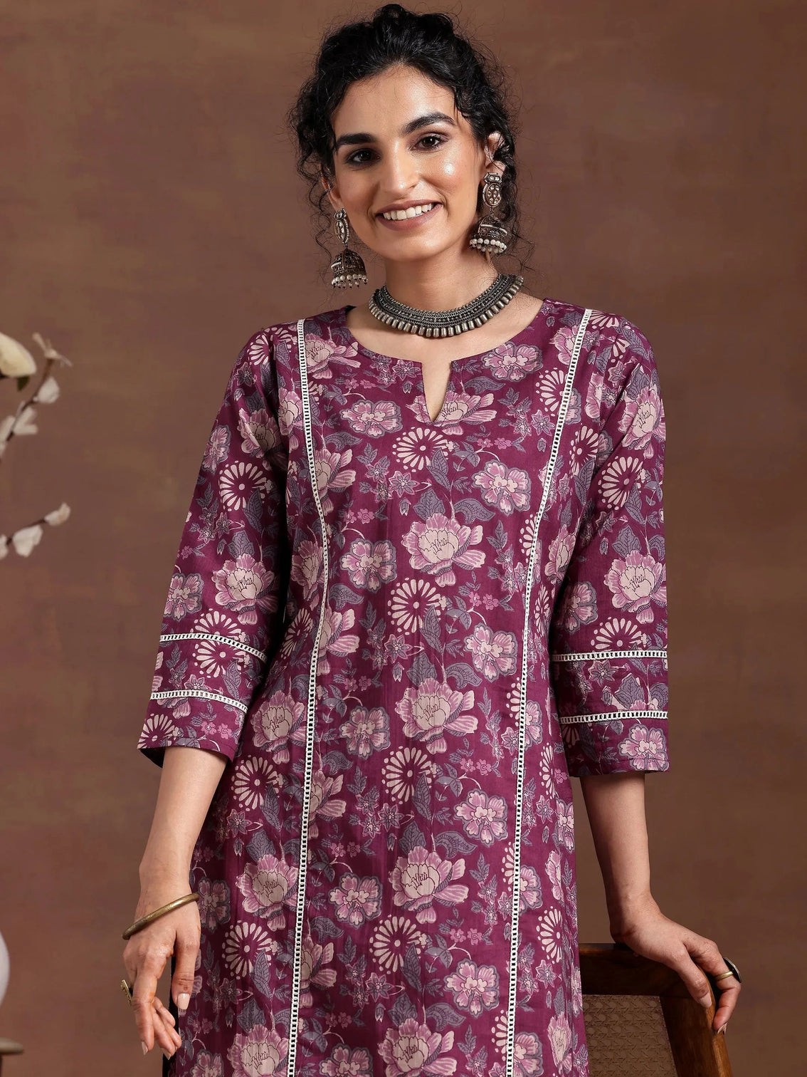 Mameraa Wine Printed Cotton Straight Kurta Set